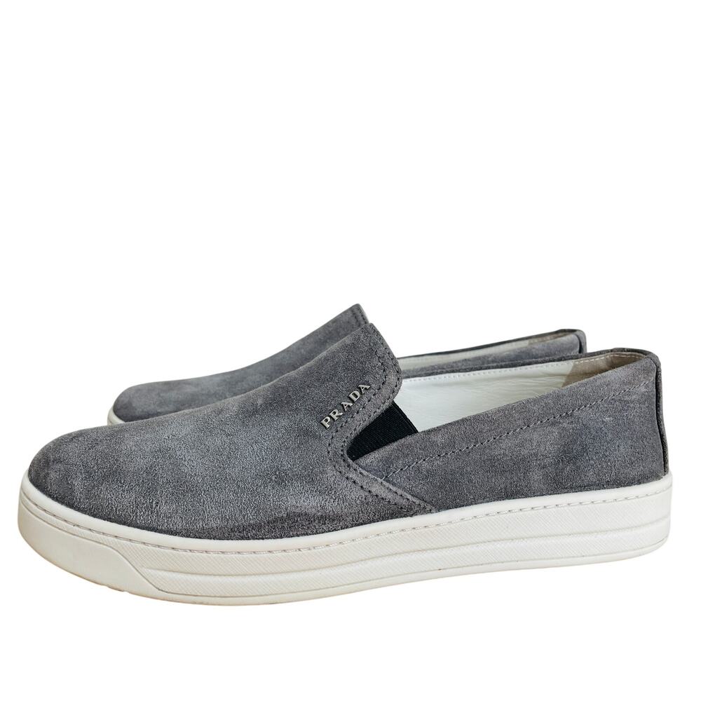 Prada Gray Suede Slip On Sneakers Womens 7 Leather Lined - Picture 9 of 15